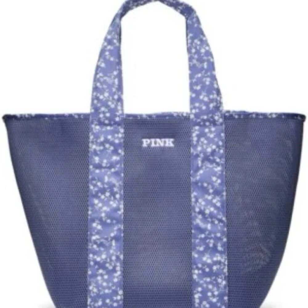 Victoria’s Secret Pink Mesh Pool Beach Blue Floral Tote Zip Top NWT